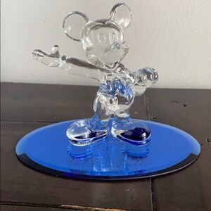 Walt Disney World Crystal Mickey Mouse Figurine on Blue Glass Base